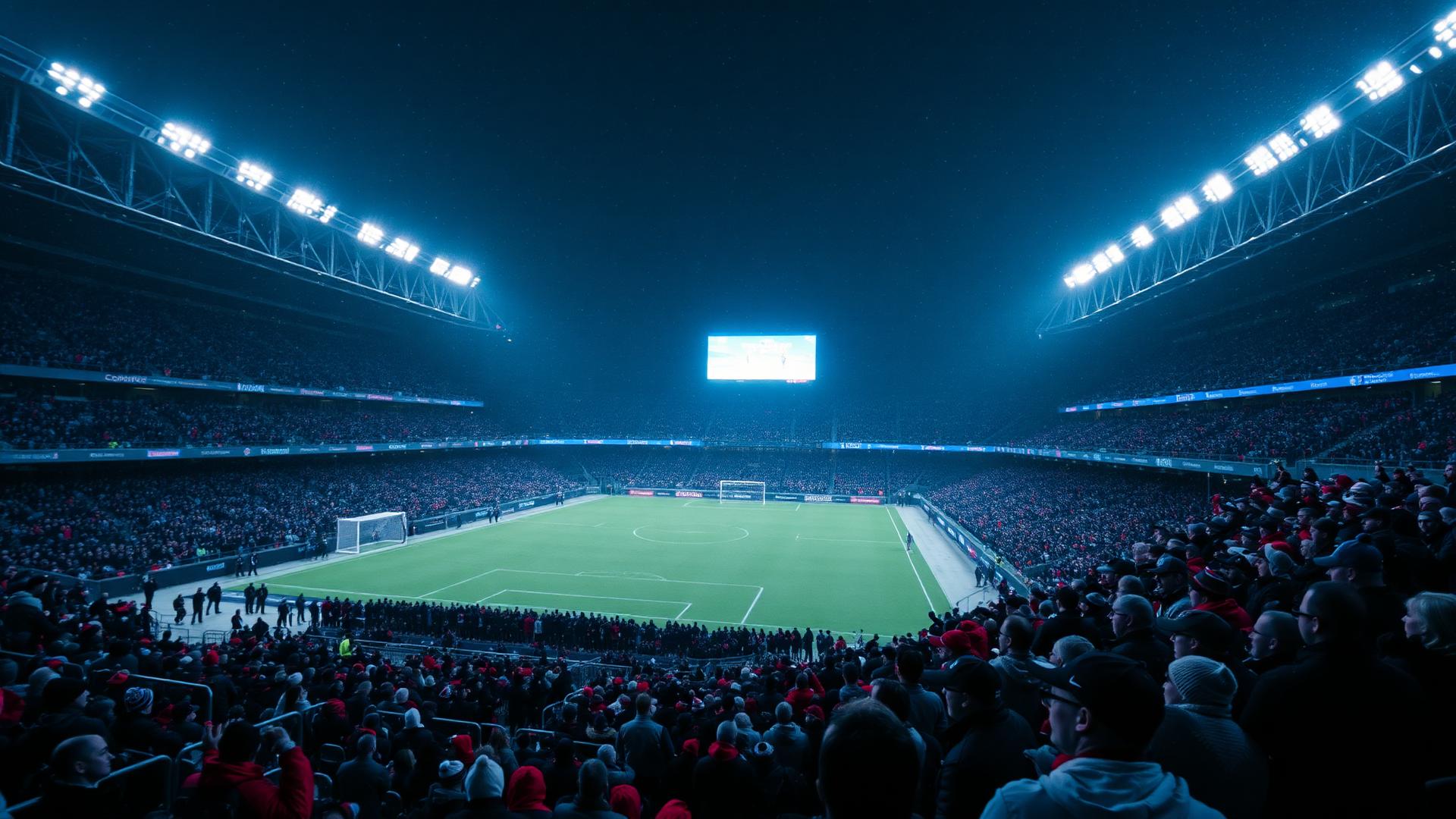 Packed stadium crowd under the lights on a snowy game night
